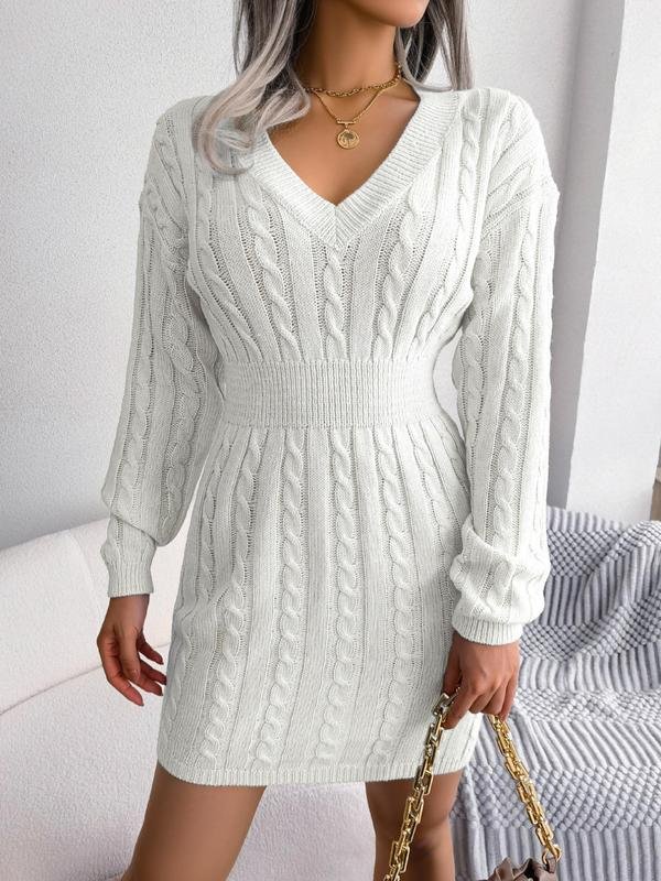 Women's Chunky Bodycon Cable Knit V-Neck Mini Jumper Dress - Off White