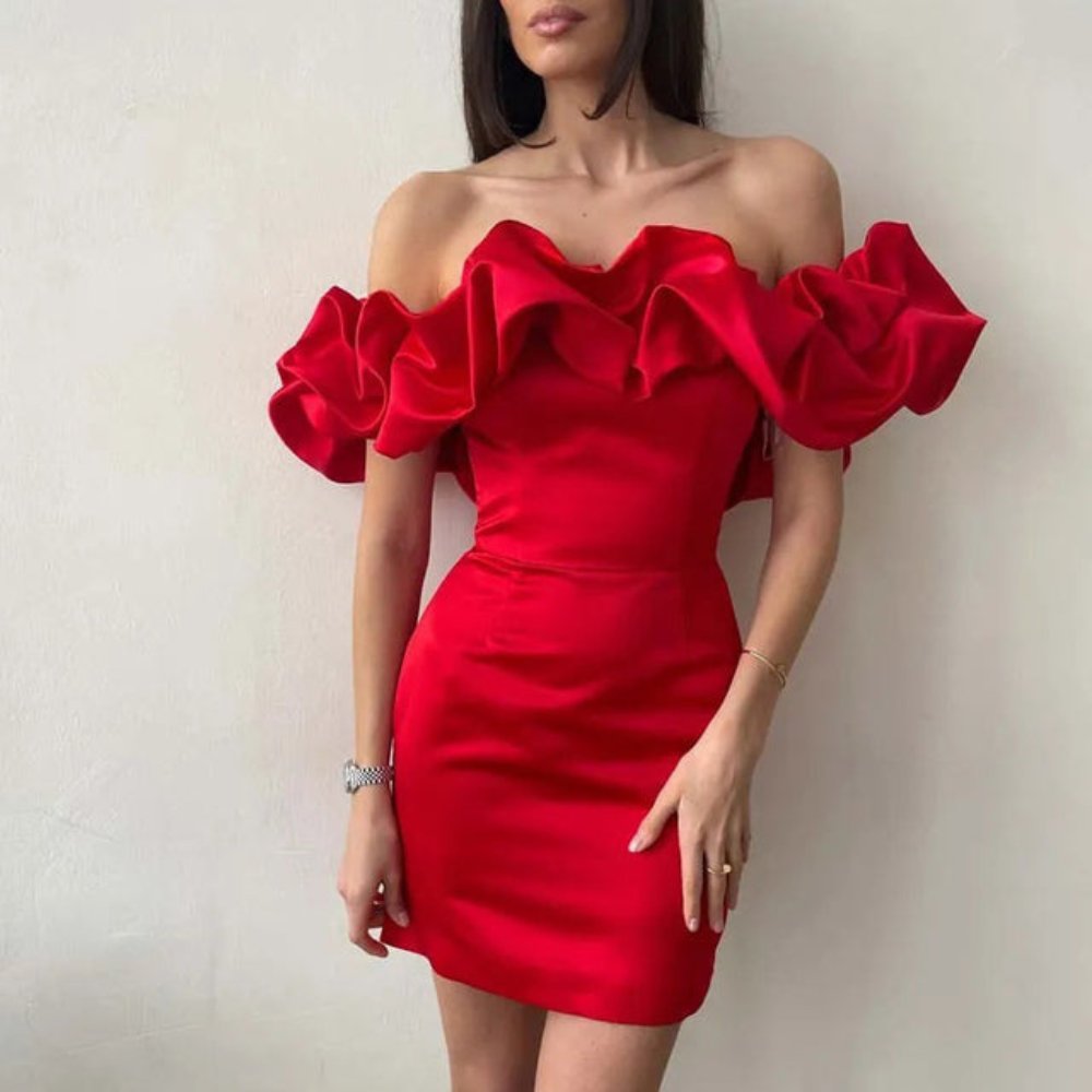 Women's Satin Off-Shoulder Strapless Bodycon Mini Party Dress - Red