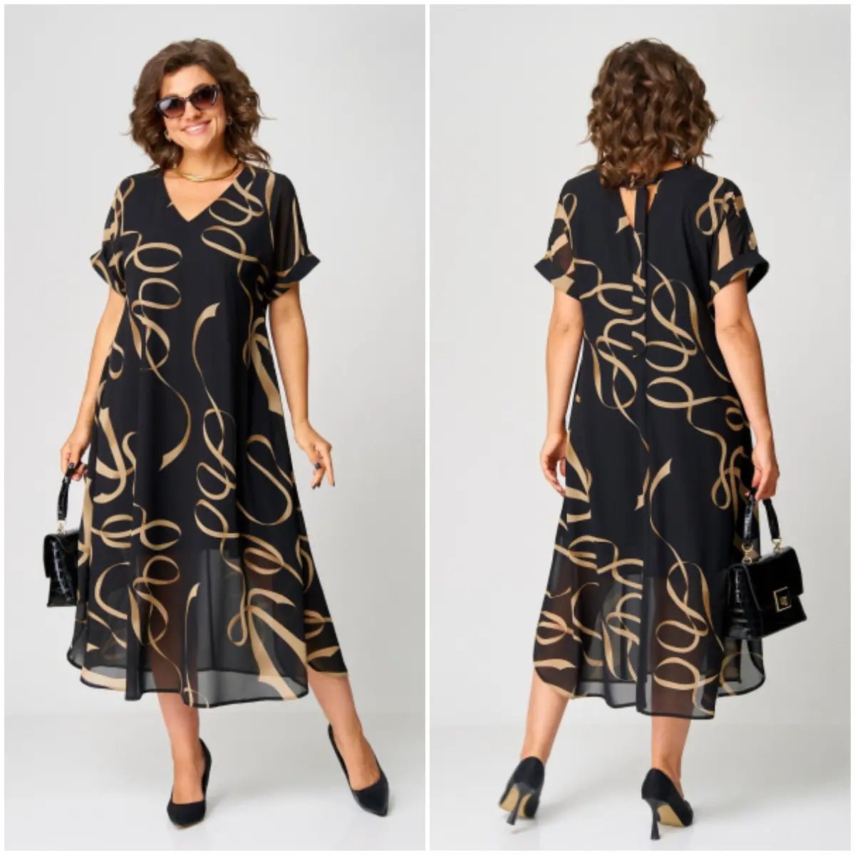 Women's Black V-Neck Chiffon Midi Party Dress