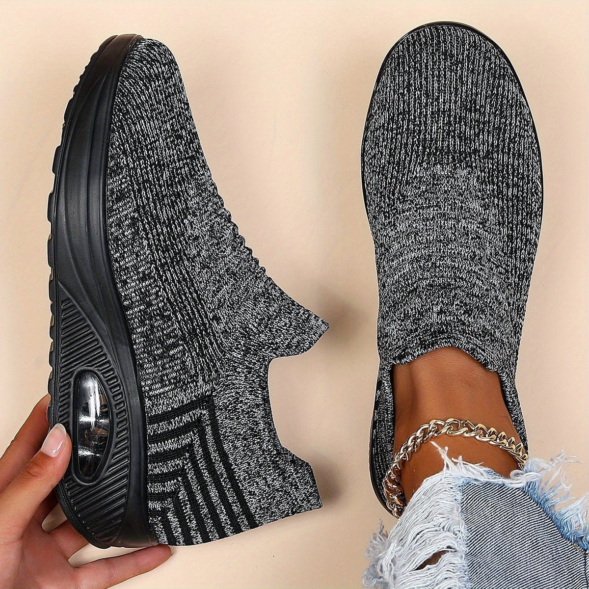 Women's Chunky Knit Platform Slip-On Trainers - Grey