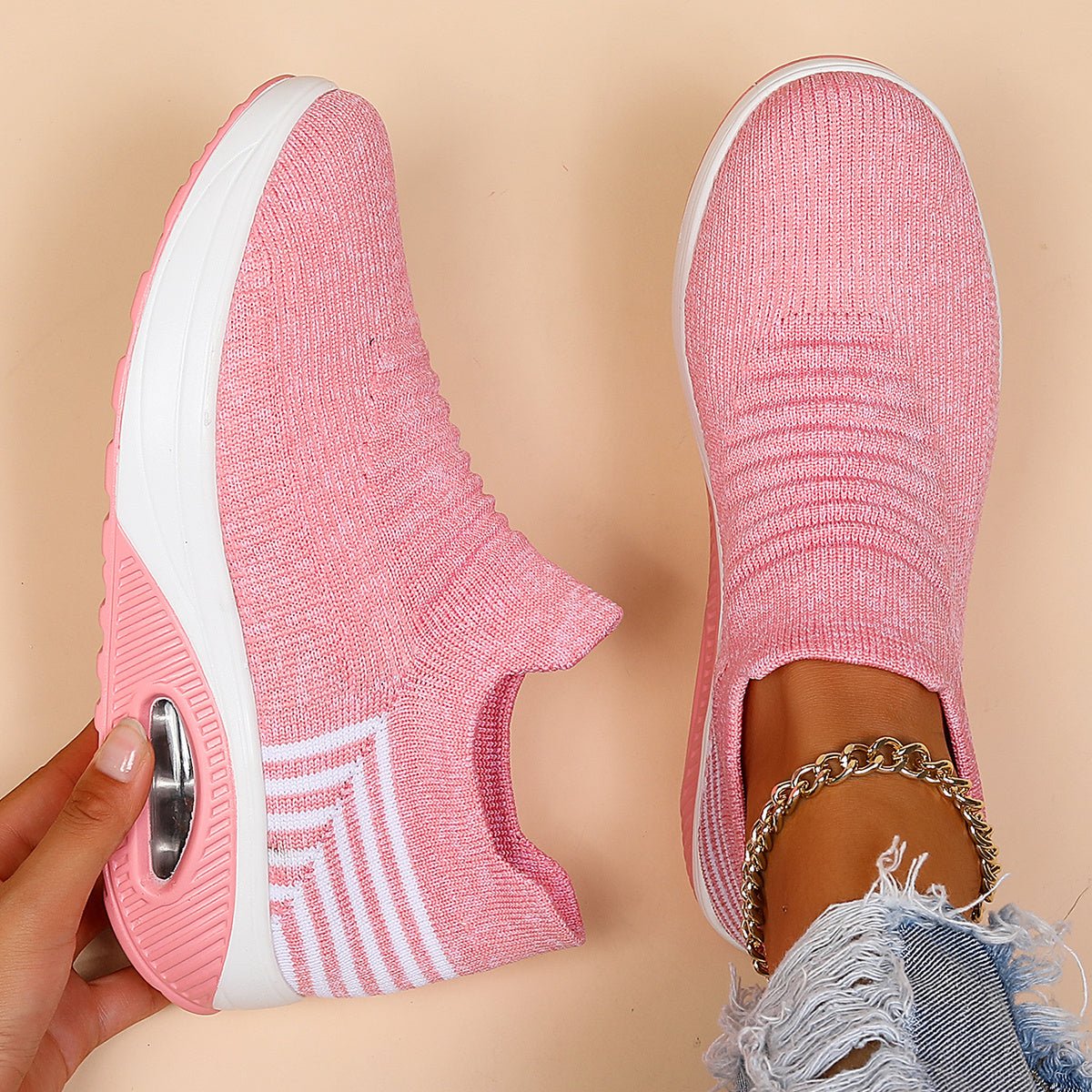 Women's Chunky Knit Platform Slip-On Trainers - Pink