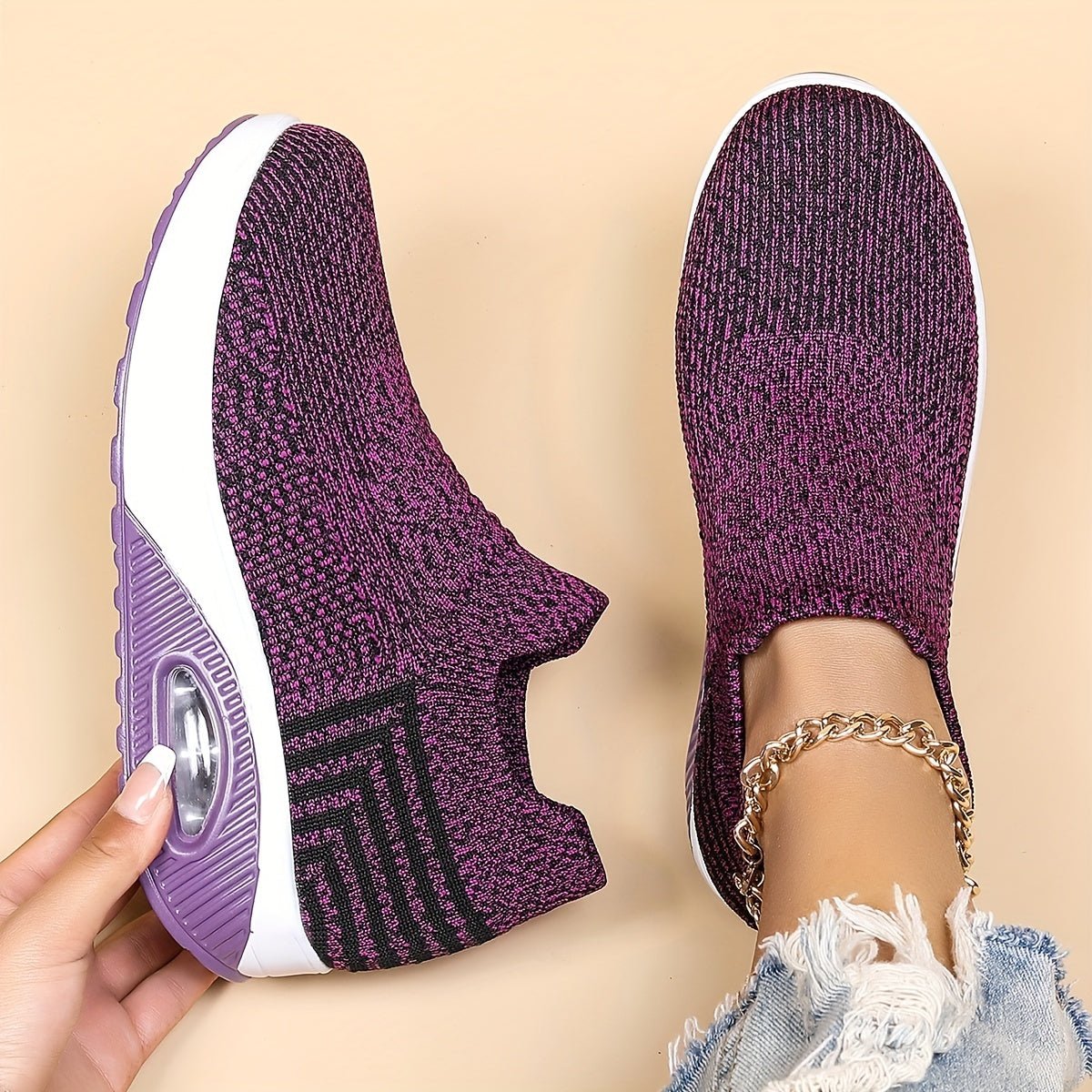Women's Chunky Knit Platform Slip-On Trainers - Purple