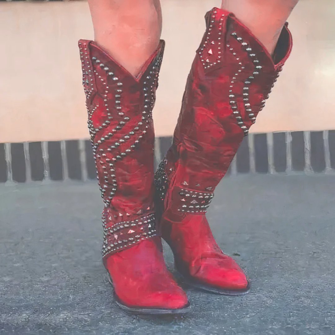 Women's Leather Western Cowboy Knee-High Boots - Red