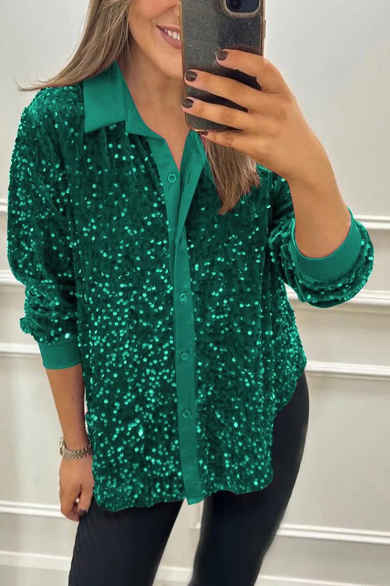Women's Oversized Sequin Long Sleeve Shirt - Green