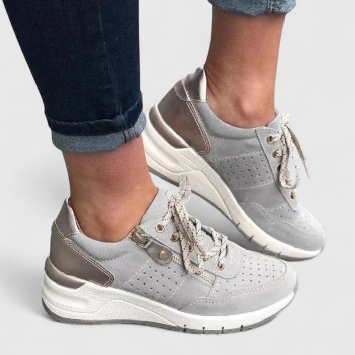 Women's Wedge Lace-Up Trainers - Gray