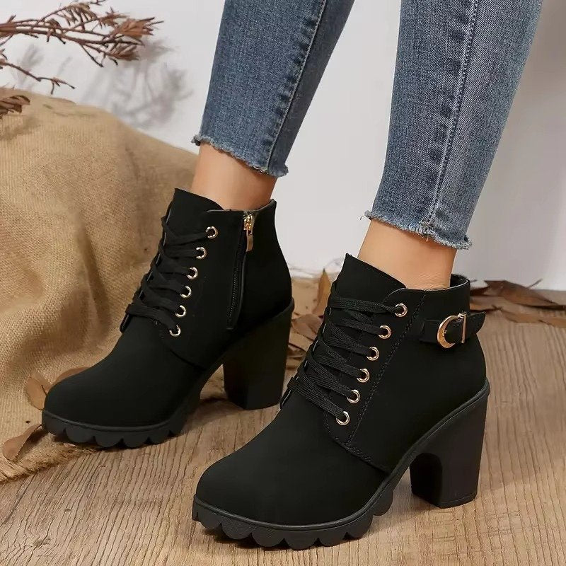 Women's Lace-Up Platform Ankle Boots - Black