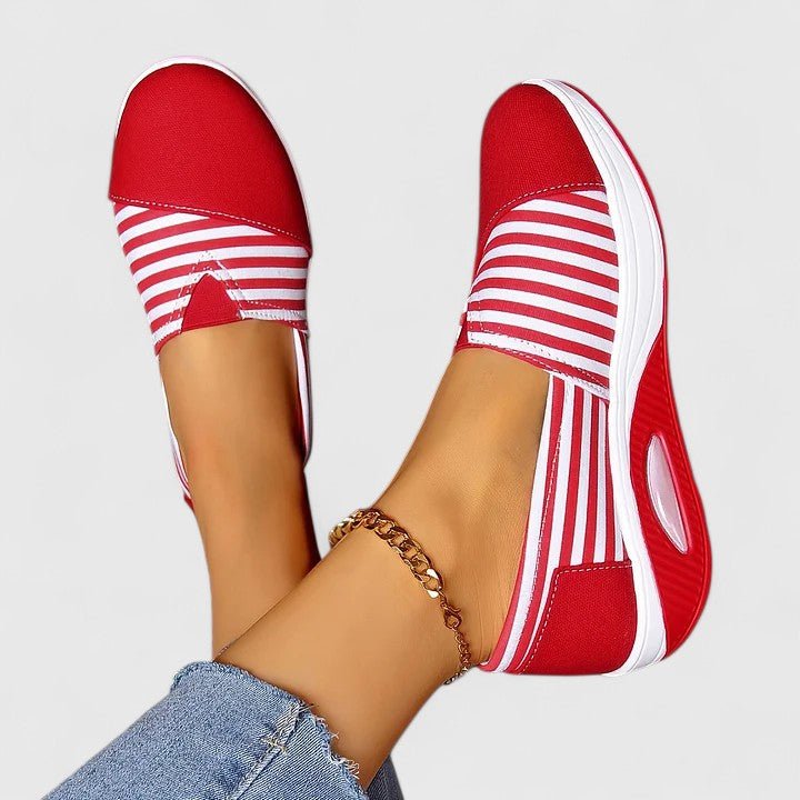 Women's Striped Slip-On Platform Wedge Trainers - Red