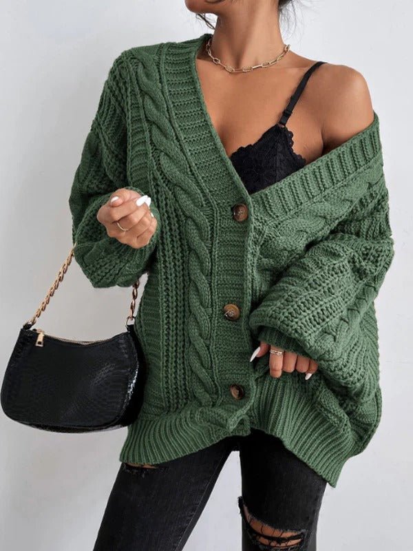 Women's Chunky Oversized Cable Knit Wool V-Neck Cardigan - Green