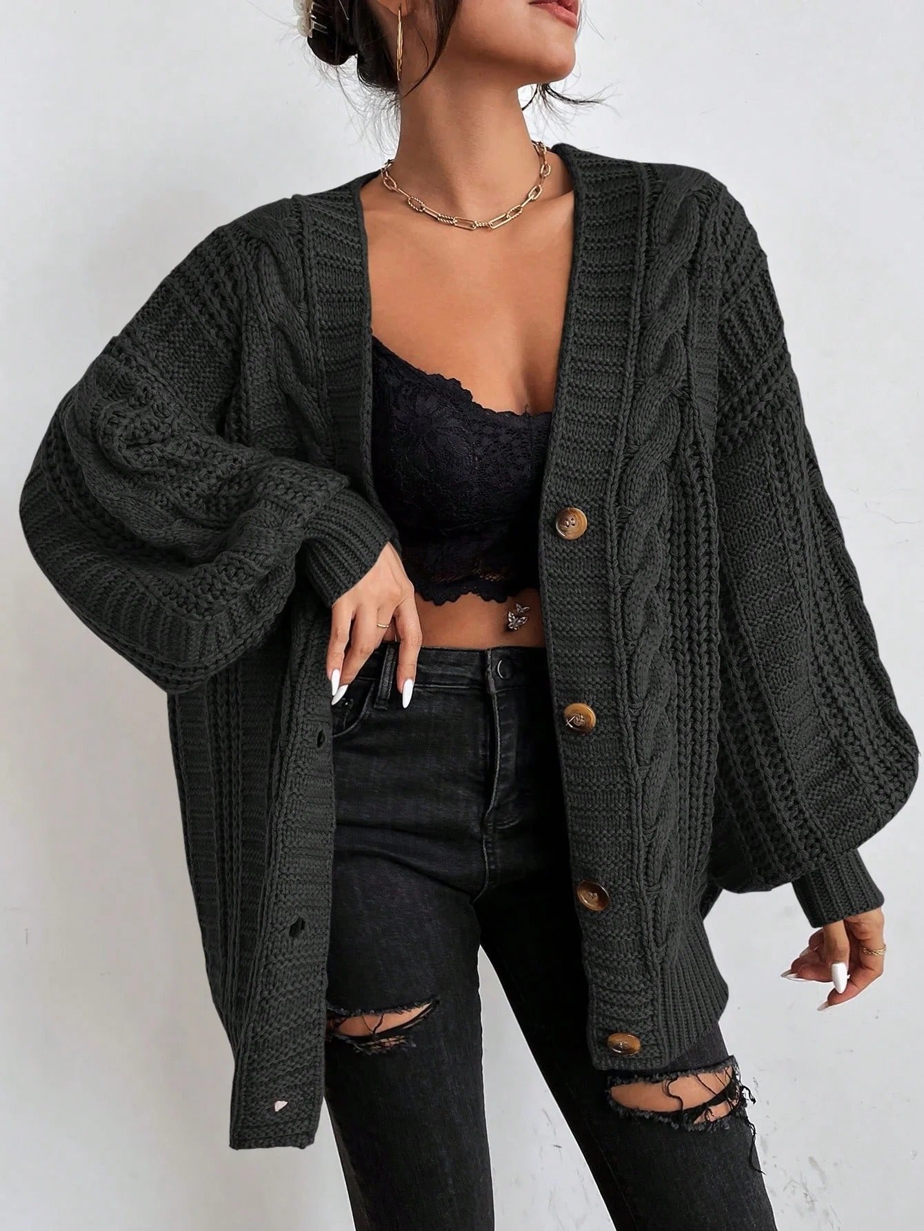 Women's Chunky Oversized Cable Knit Wool V-Neck Cardigan - Black