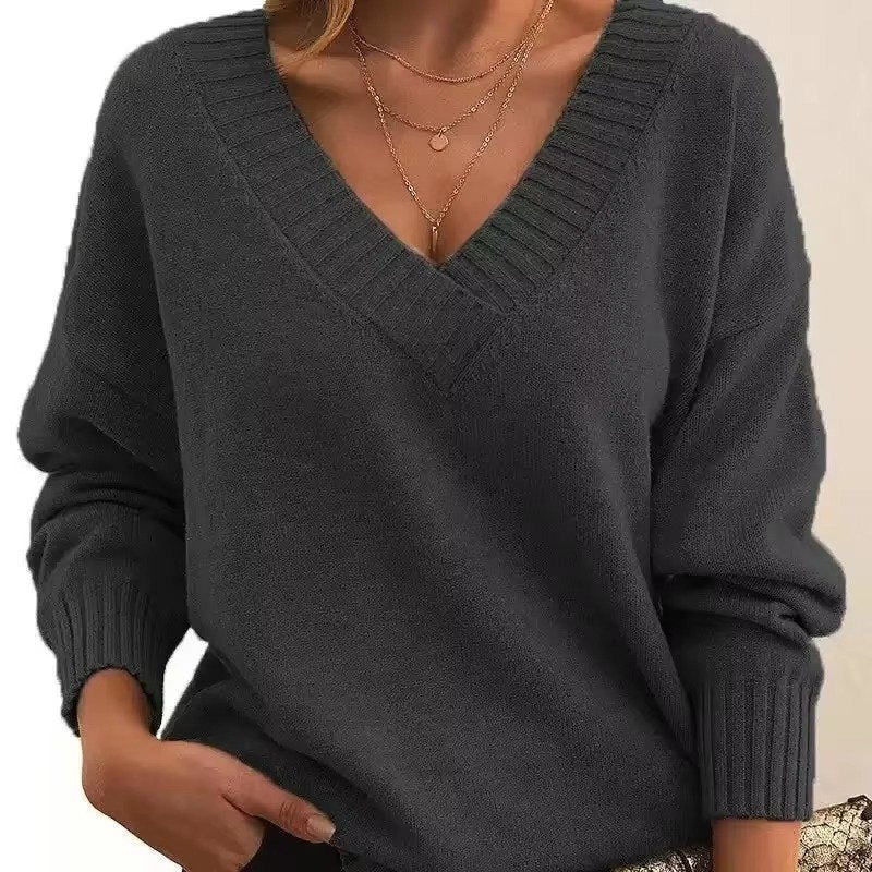 Women's Oversized V-Neck Knit Jumper - Dark Gray