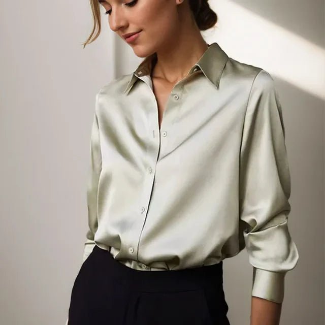 Women's Work Satin Long Sleeve Blouse - Green