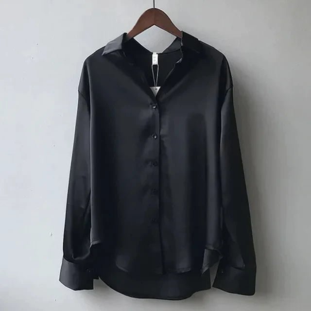 Women's Work Satin Long Sleeve Blouse - Black