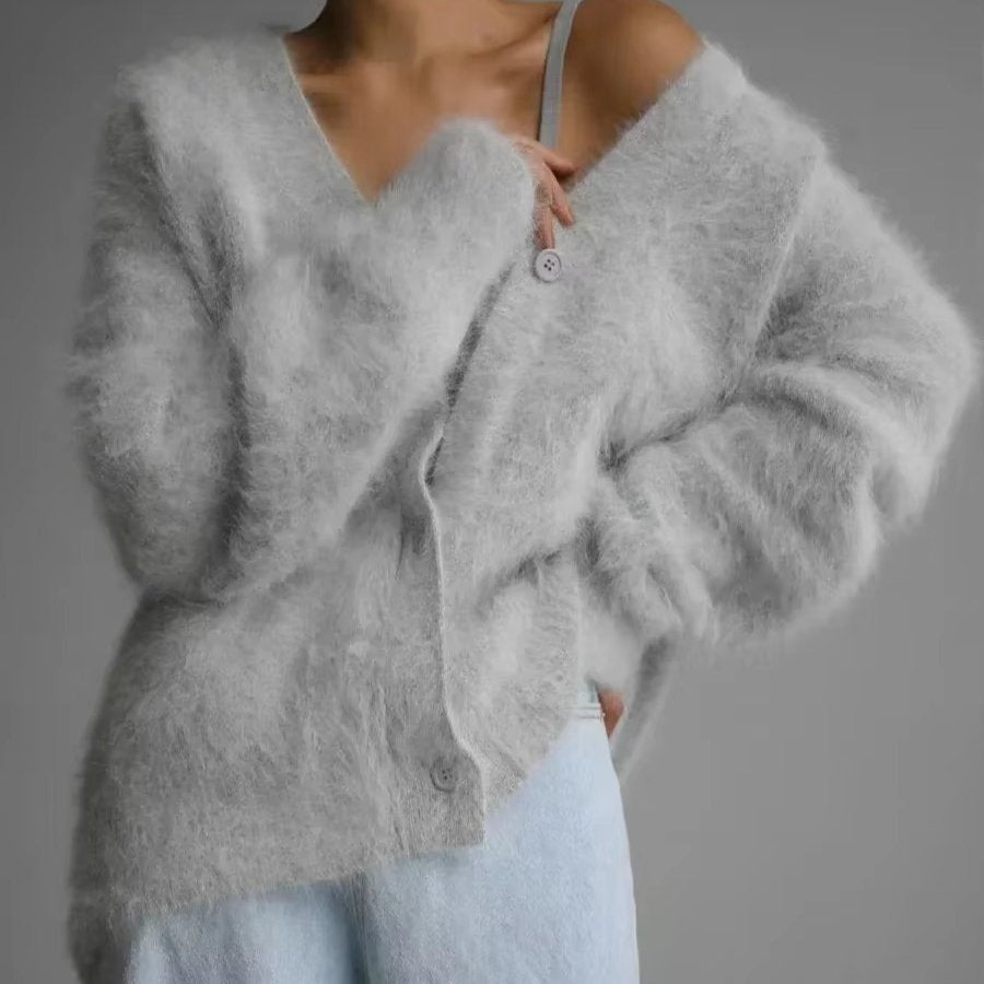 Women's Oversized V-Neck Cardigan - Light Gray