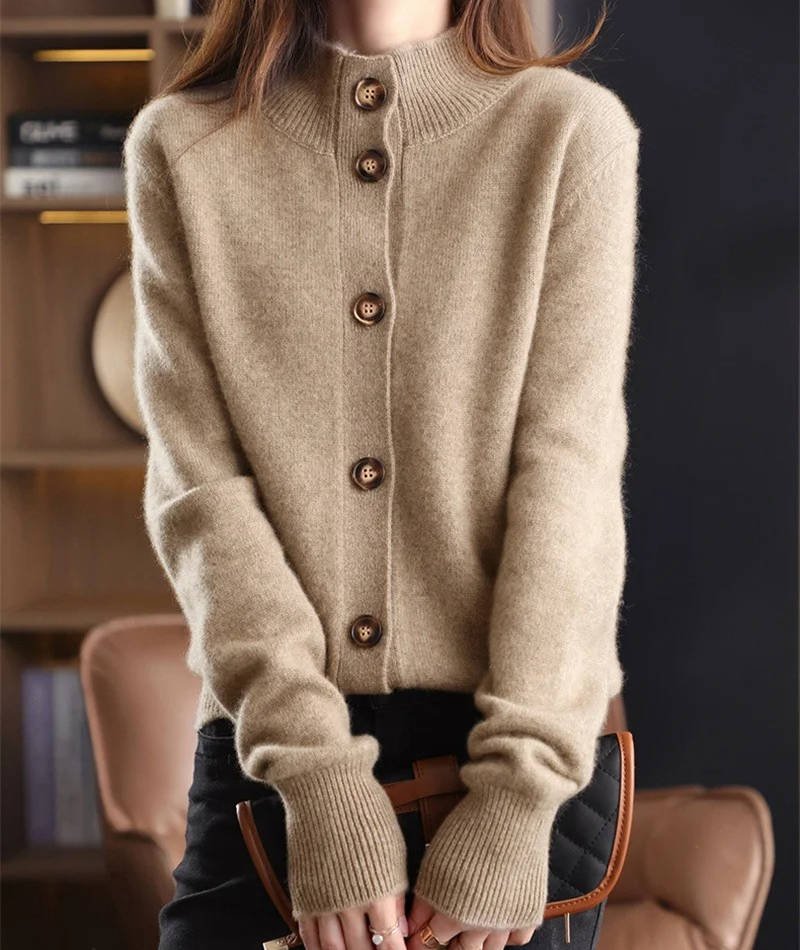 Women's Wool V-Neck Cardigan - Khaki