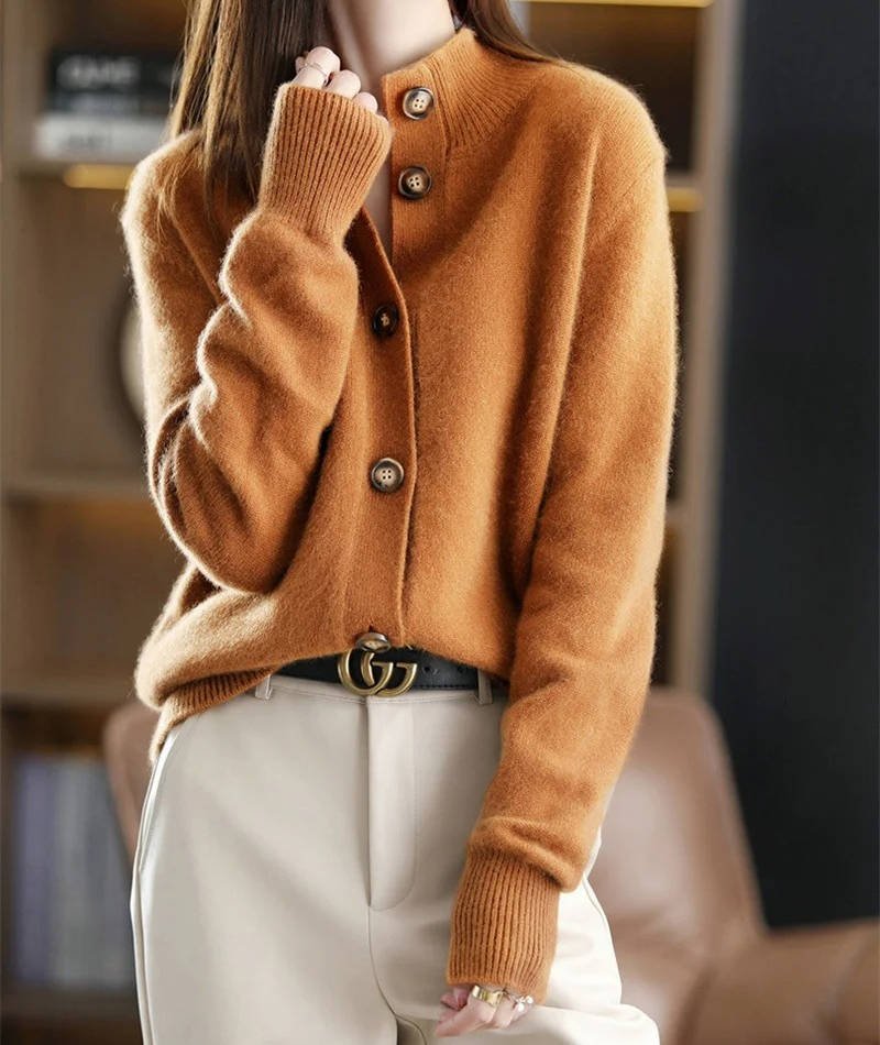 Women's Wool V-Neck Cardigan - Orange