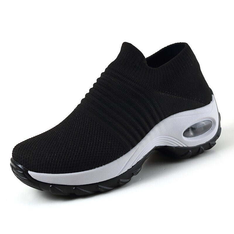Women's Chunky Knit Platform Slip-On Wedge Trainers - Black (White Sole)