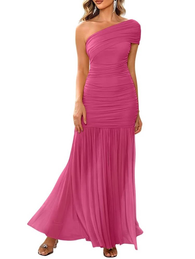 Women's Mermaid One-Shoulder Bodycon Maxi Party Gown - Rose