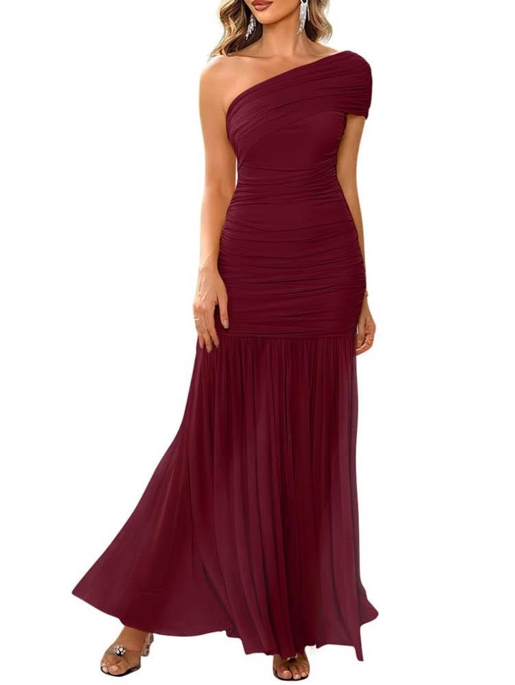 Women's Mermaid One-Shoulder Bodycon Maxi Party Gown - Wine Red