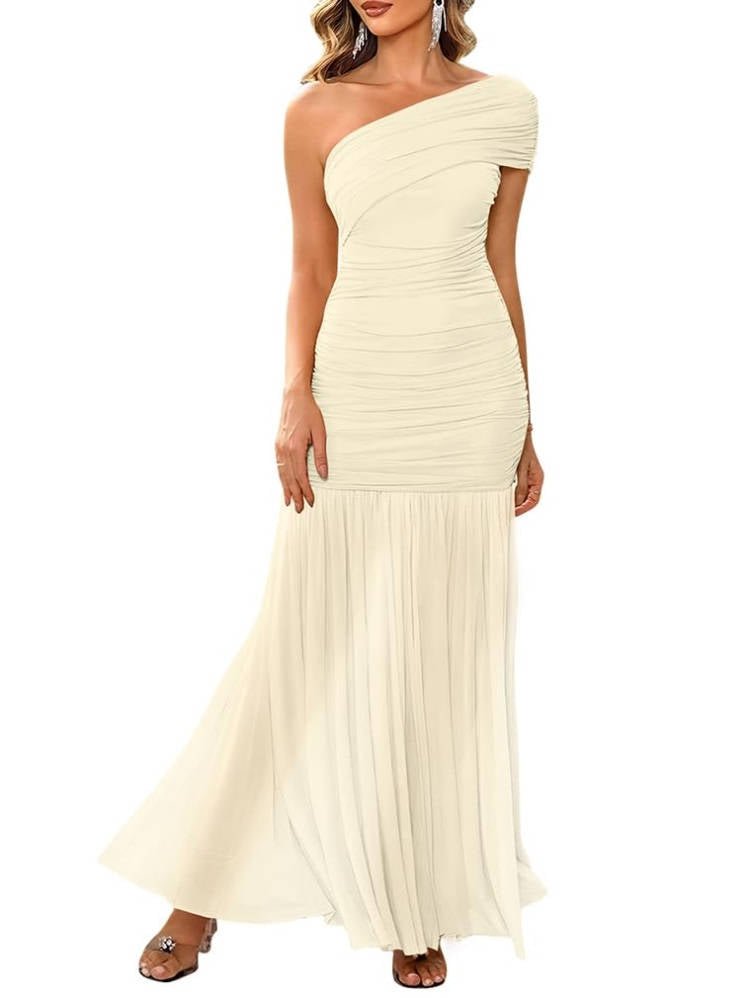 Women's Mermaid One-Shoulder Bodycon Maxi Party Gown - Beige