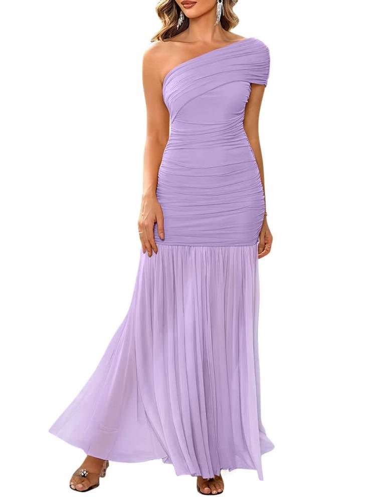 Women's Mermaid One-Shoulder Bodycon Maxi Party Gown - Purple