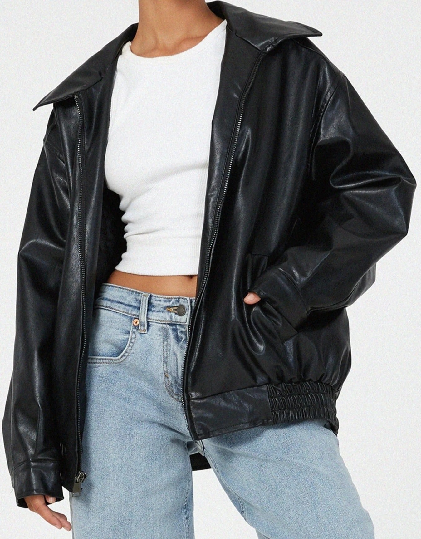 Women's Oversized Faux Leather Bomber Jacket