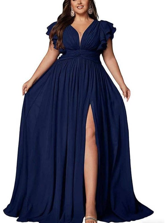 Women's Plus Size V-Neck Evening Maxi Party Gown - Blue