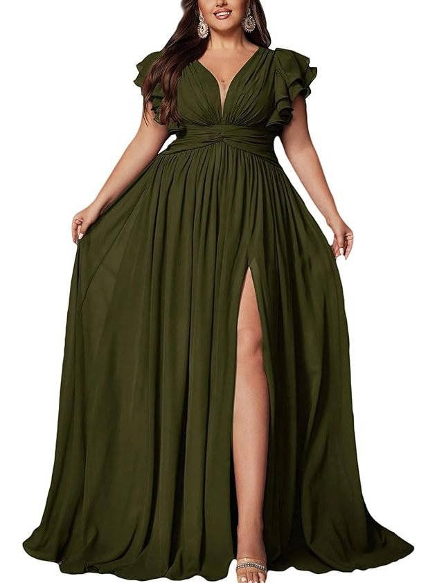 Women's Plus Size V-Neck Evening Maxi Party Gown - Army Green
