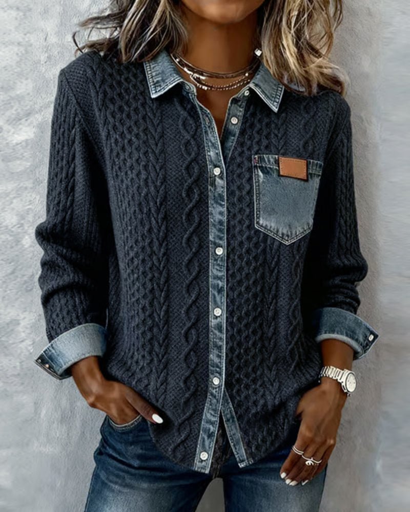 Women's Oversized Cable-Knit Shirt Jacket - Dark Blue
