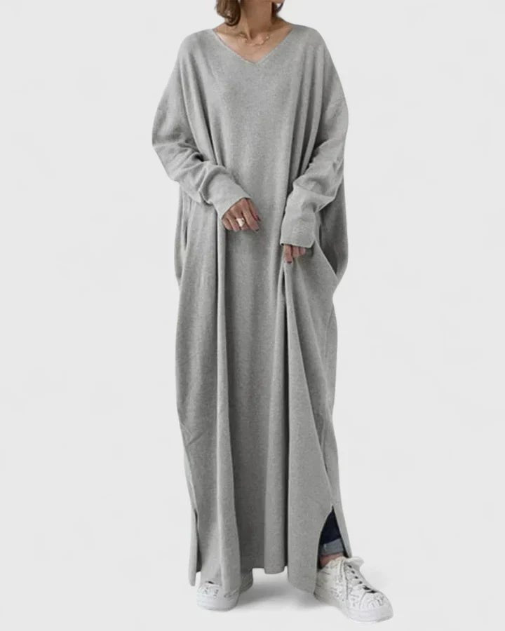 Women's Oversized V-Neck Maxi Jumper Dress - Gray