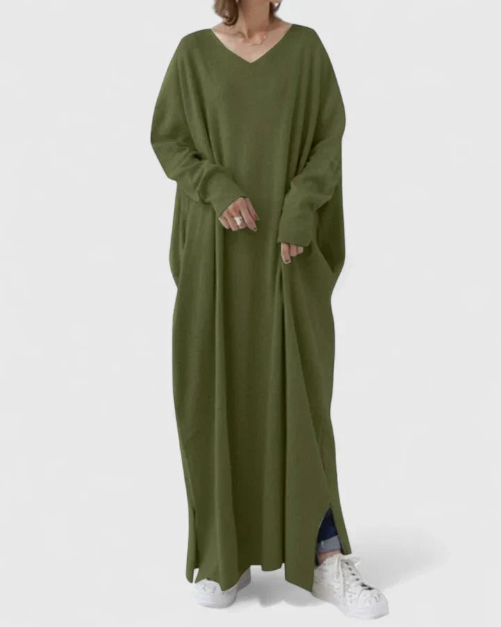 Women's Oversized V-Neck Maxi Jumper Dress - Dark Green
