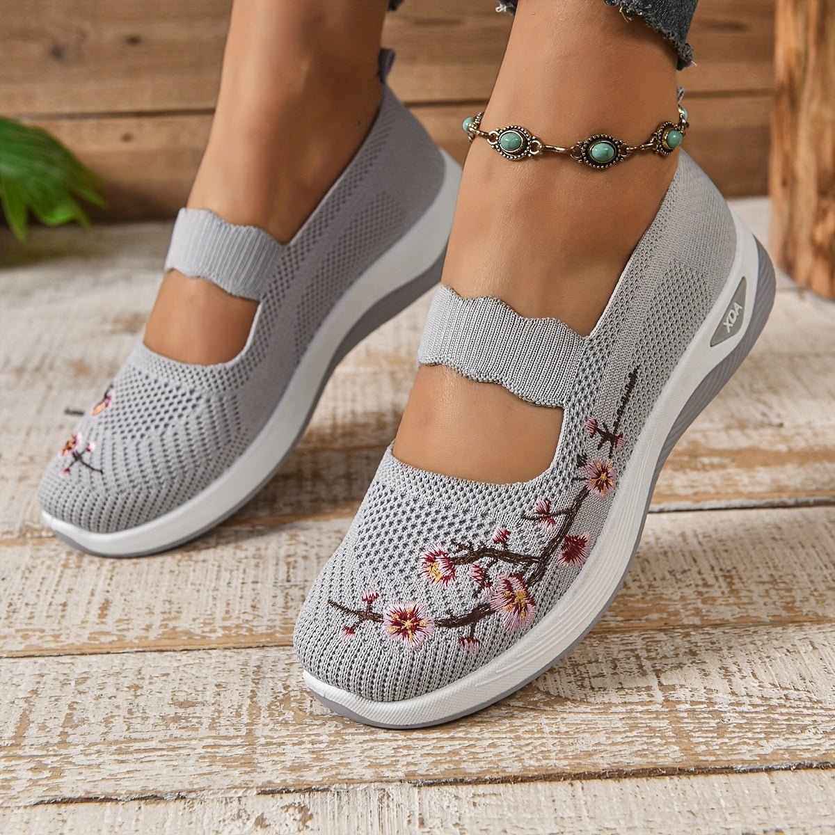 Women's Floral Mary Jane Slip-On Knit Platform Trainers