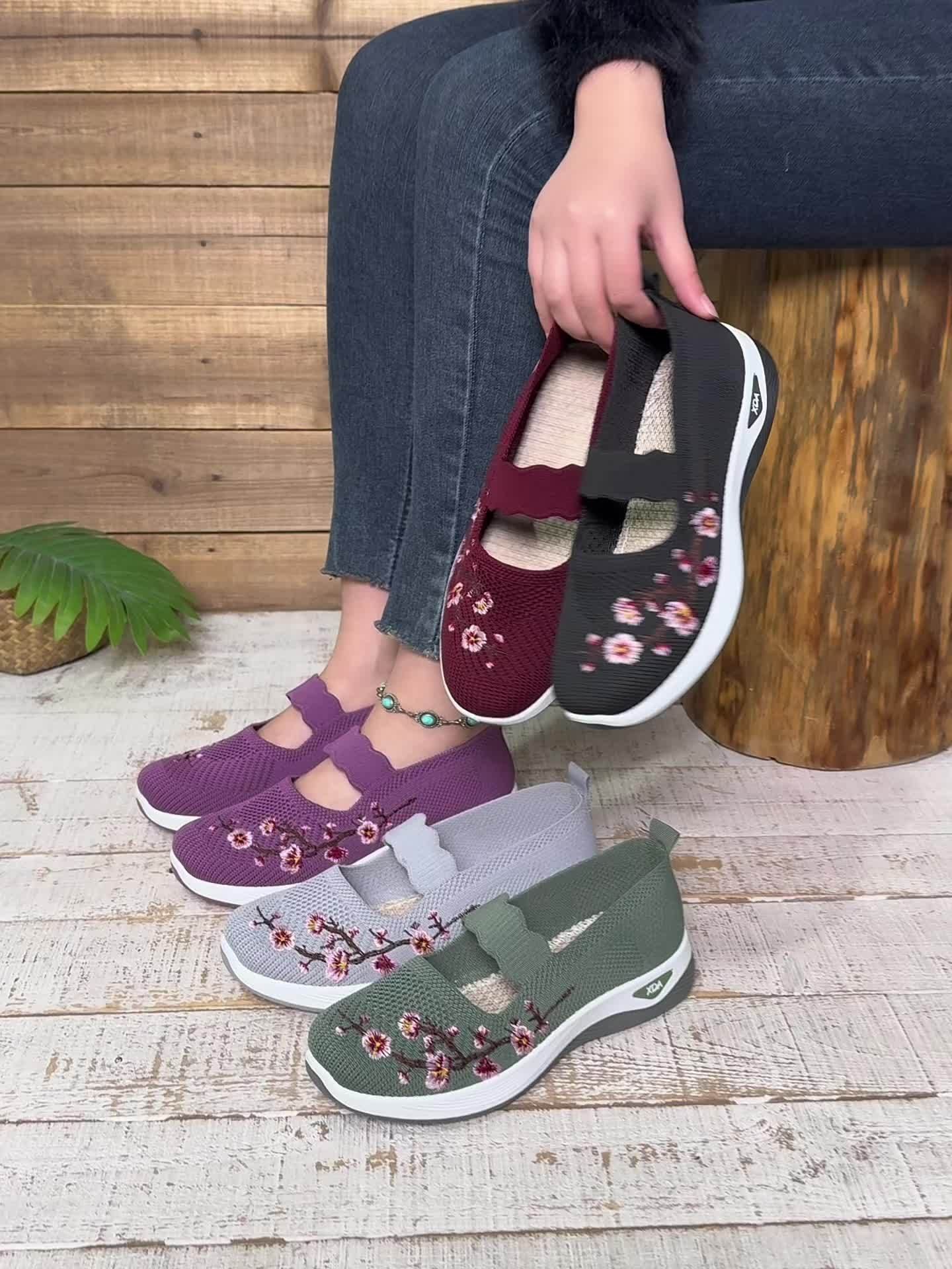 Women's Floral Mary Jane Slip-On Knit Platform Trainers