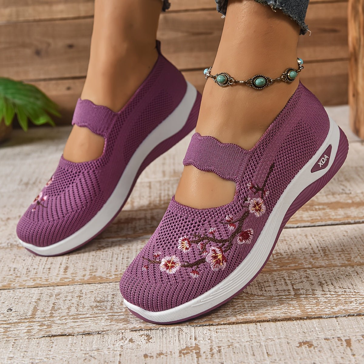 Women's Floral Mary Jane Slip-On Knit Platform Trainers