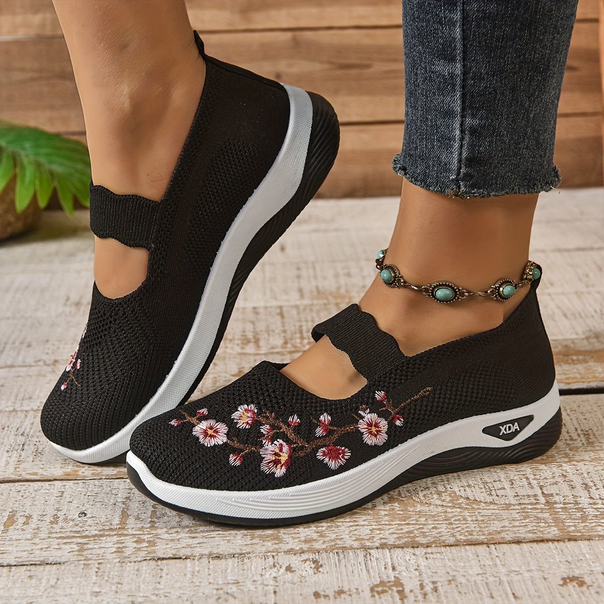Women's Floral Mary Jane Slip-On Knit Platform Trainers