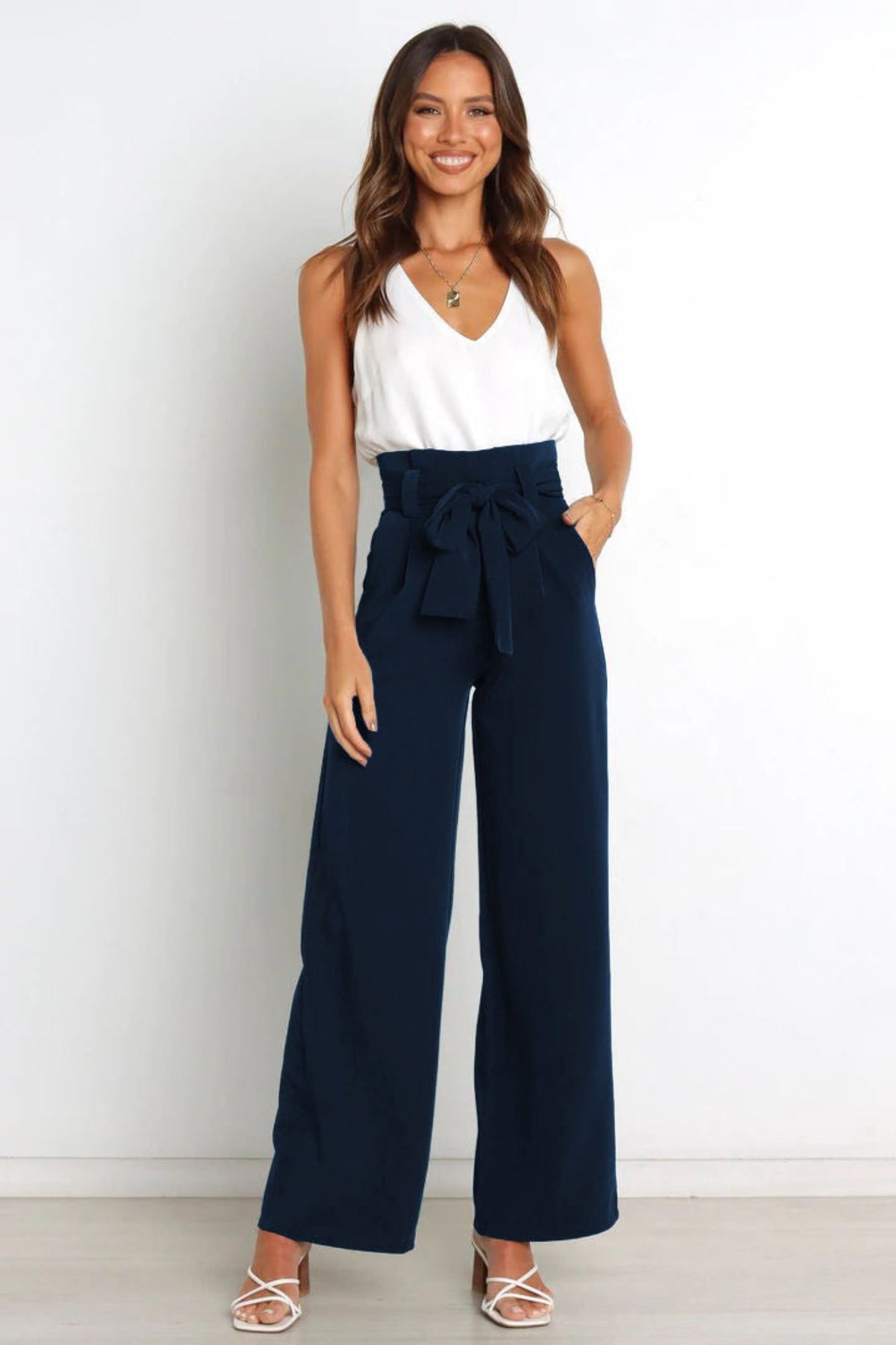 Women's High-Waisted Pleated Wide-Leg Trousers - Dark Blue