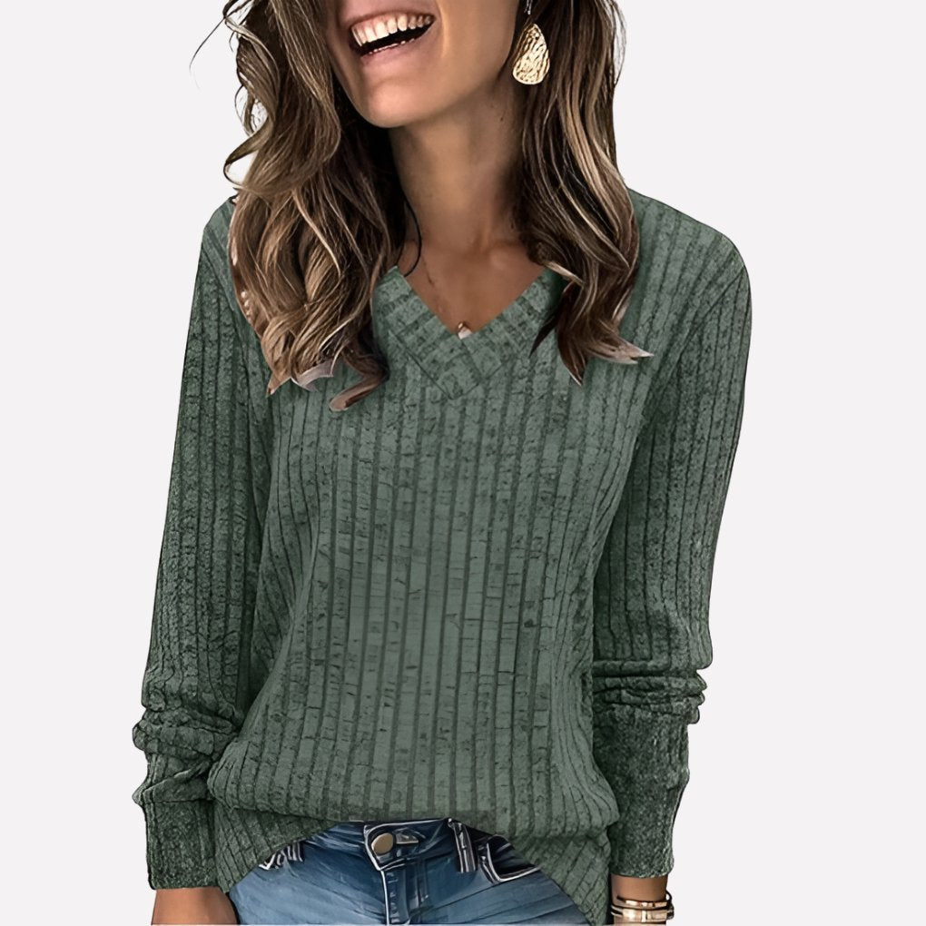Women's Knit Ribbed V-Neck Jumper - Green