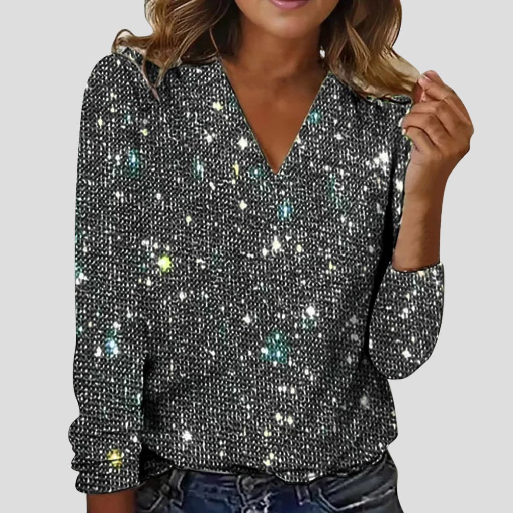 Women's V-Neck Sequin Long Sleeve Blouse - Gray