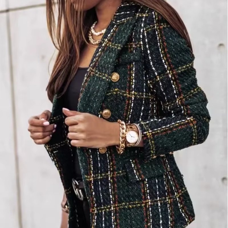Women's Plaid Tweed Blazer - Blackish Green