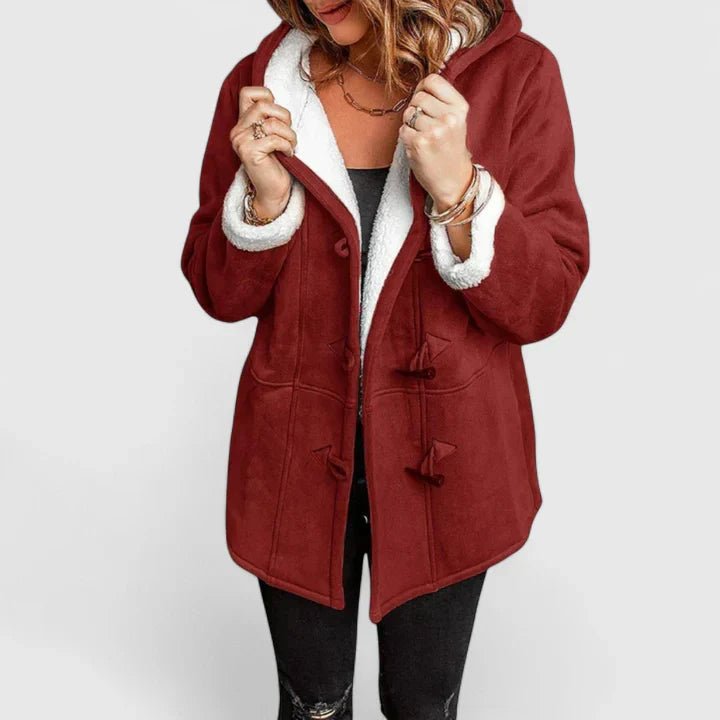 Women's Oversized Suede Duffle Hooded Teddy Coat - Burgundy