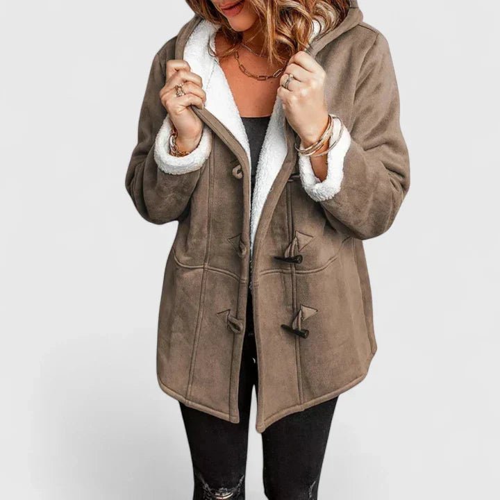Women's Oversized Suede Duffle Hooded Teddy Coat - Brown