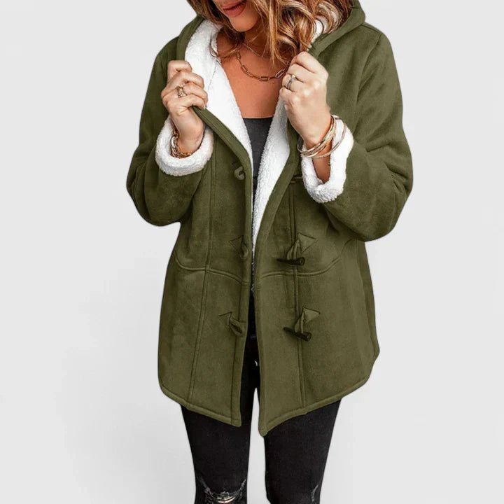Women's Oversized Suede Duffle Hooded Teddy Coat - Army Green