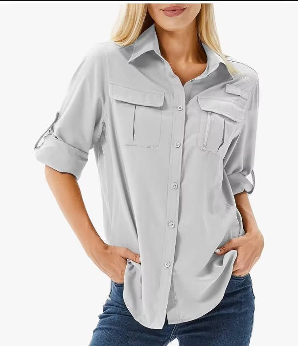 Women's Roll-Sleeve Safari Shirt - Light Gray