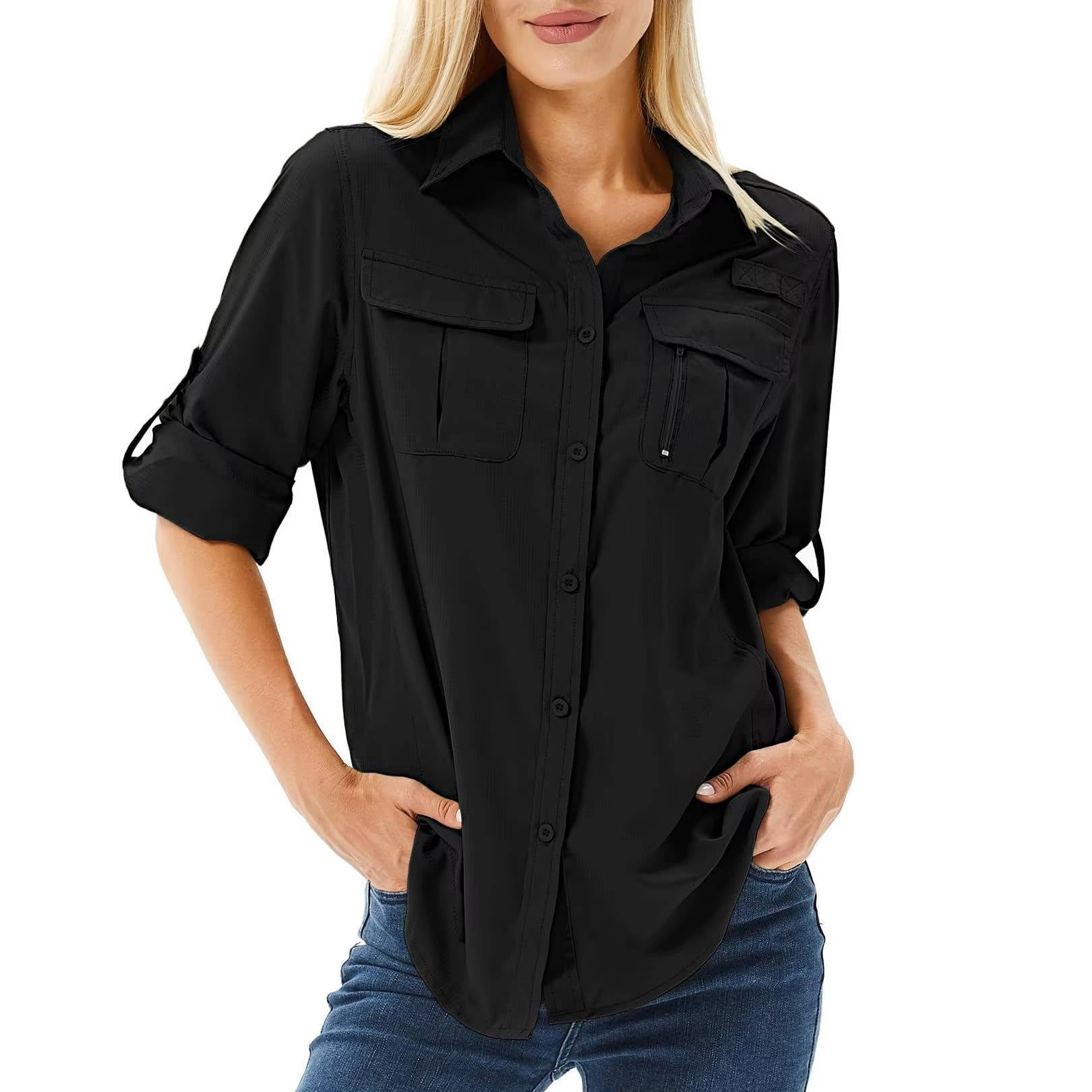 Women's Roll-Sleeve Safari Shirt - Black