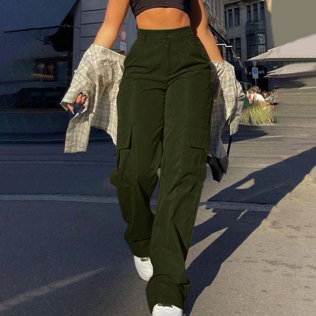 Women's Black High-Waisted Cargo Trousers - Armygreen