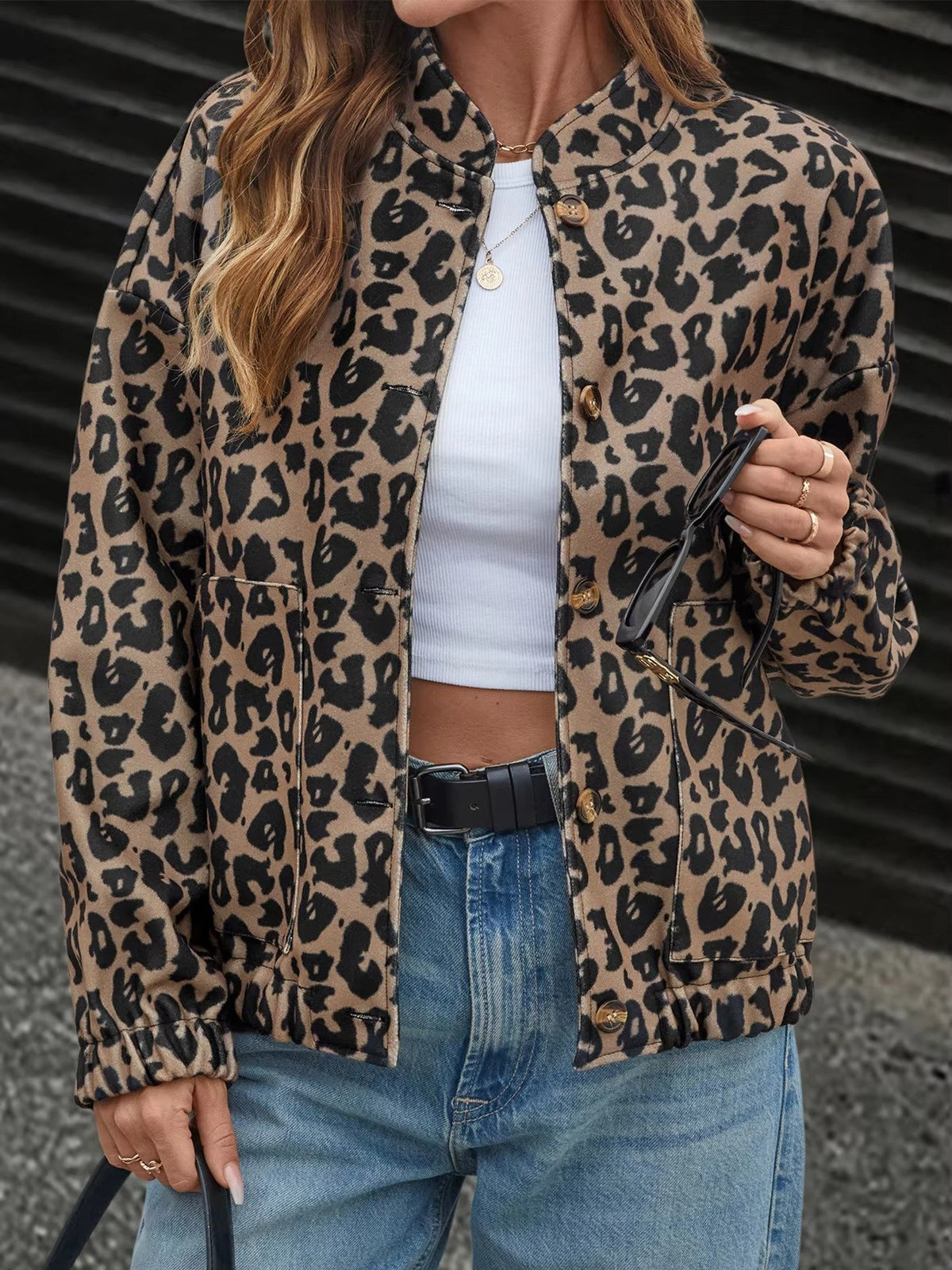 Women's Leopard Bomber Jacket - Brown