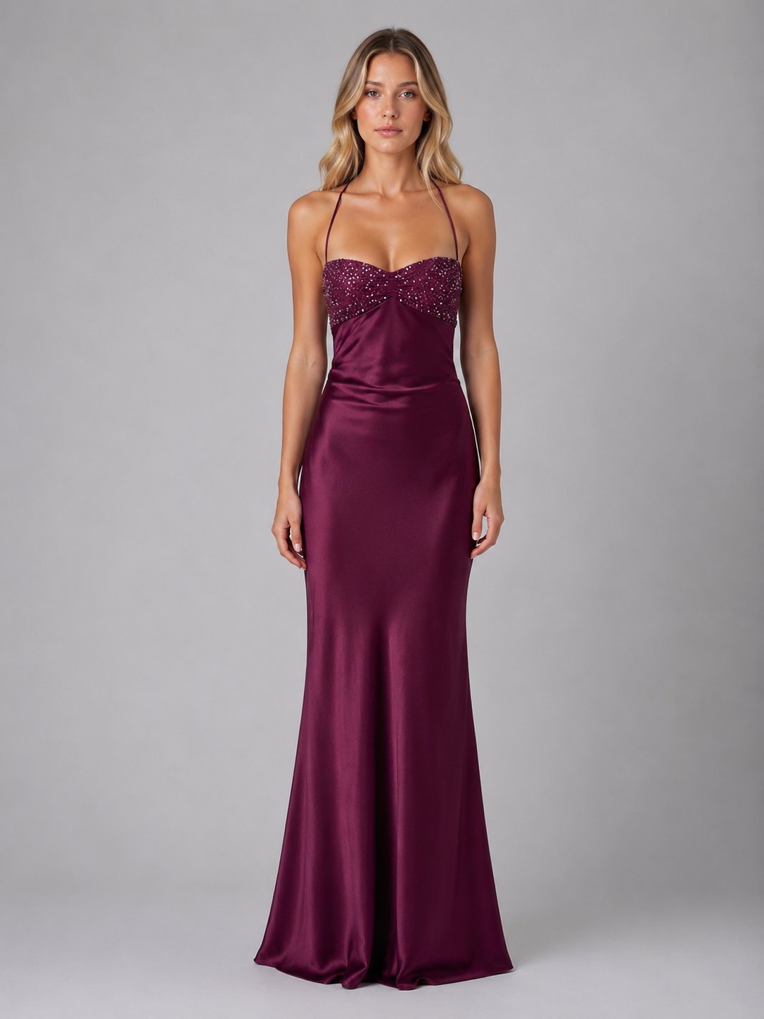 Women's Satin Halter Bodycon Maxi Party Gown - Burgundy