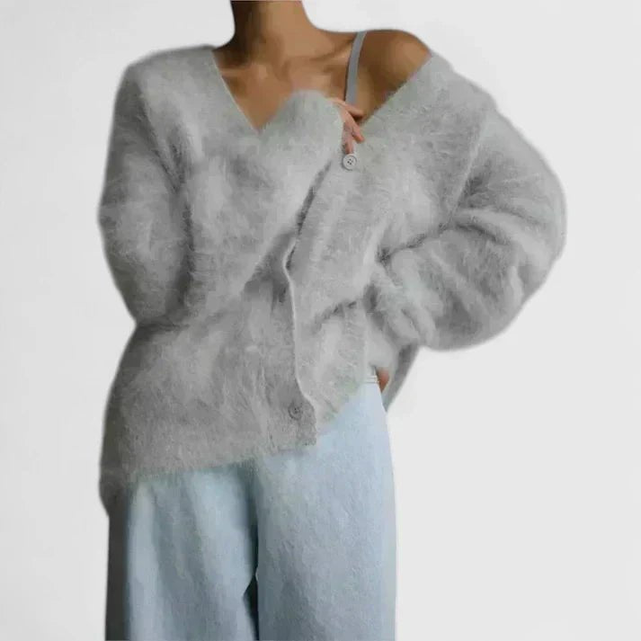 Women's Oversized V-Neck Cardigan - Light Gray
