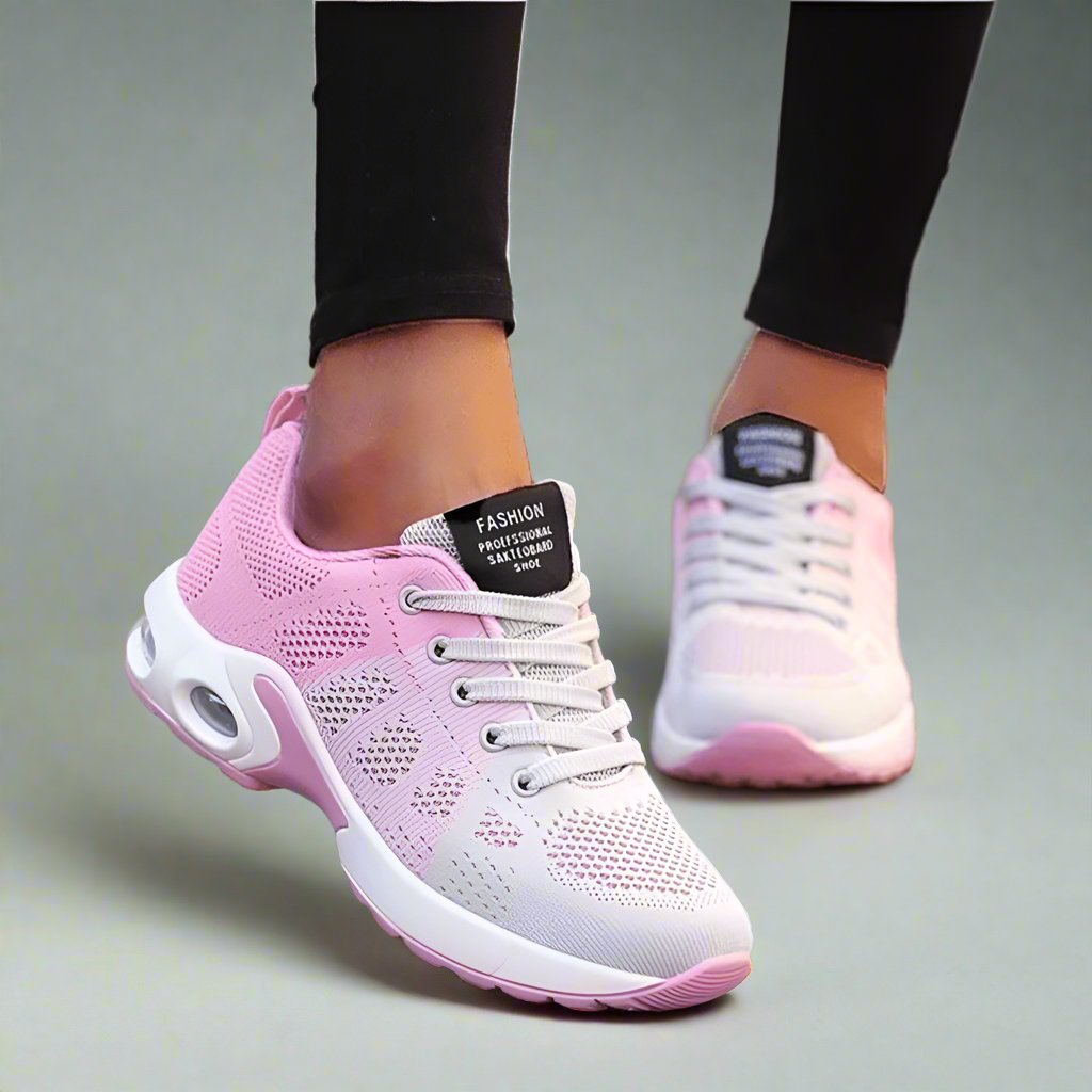 Women's Air-Cushion Running Lace-Up Platform Trainers - Grey and Pink