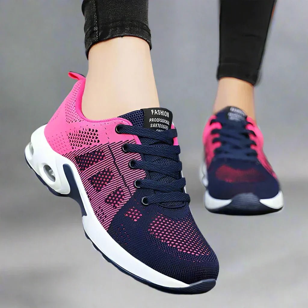 Women's Air-Cushion Running Lace-Up Platform Trainers - Dark Blue and Pink