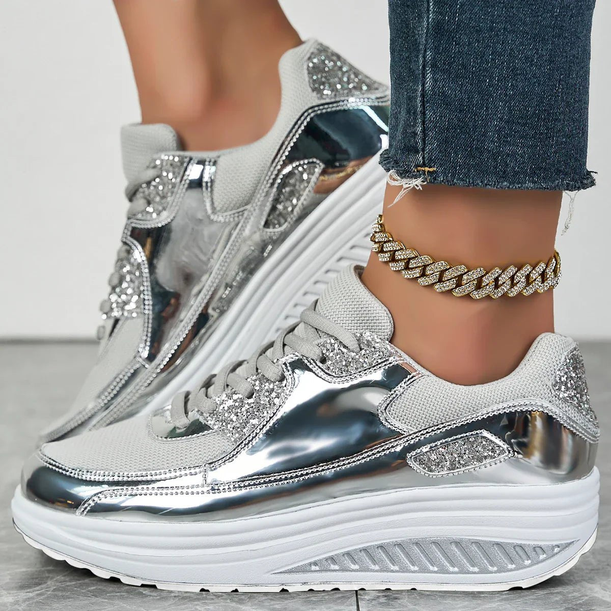 Women's Chunky Platform Wedge Lace-Up Trainers - White
